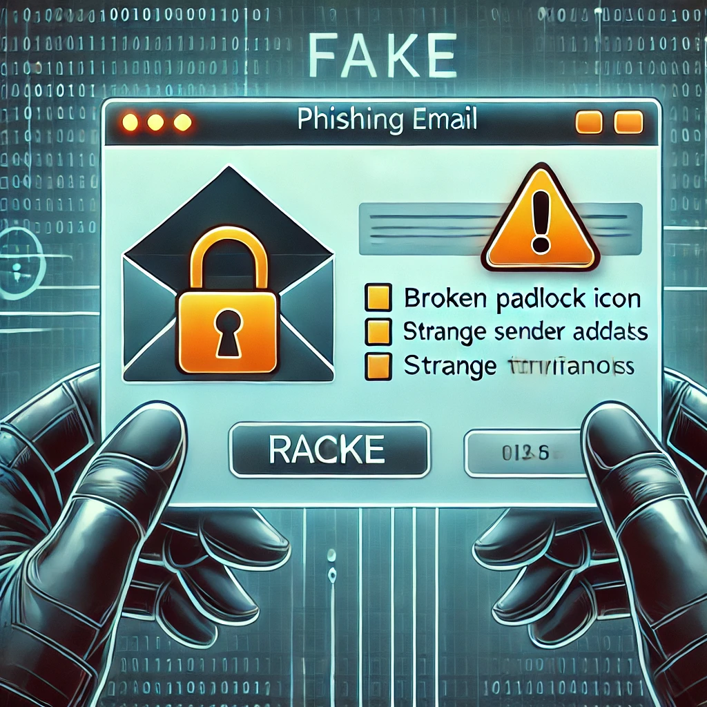 DALL·E 2025-04-07 14.40.58 - An illustrative image showing a fake phishing email interface. The email includes suspicious elements like a broken padlock icon, strange sender addre.webp