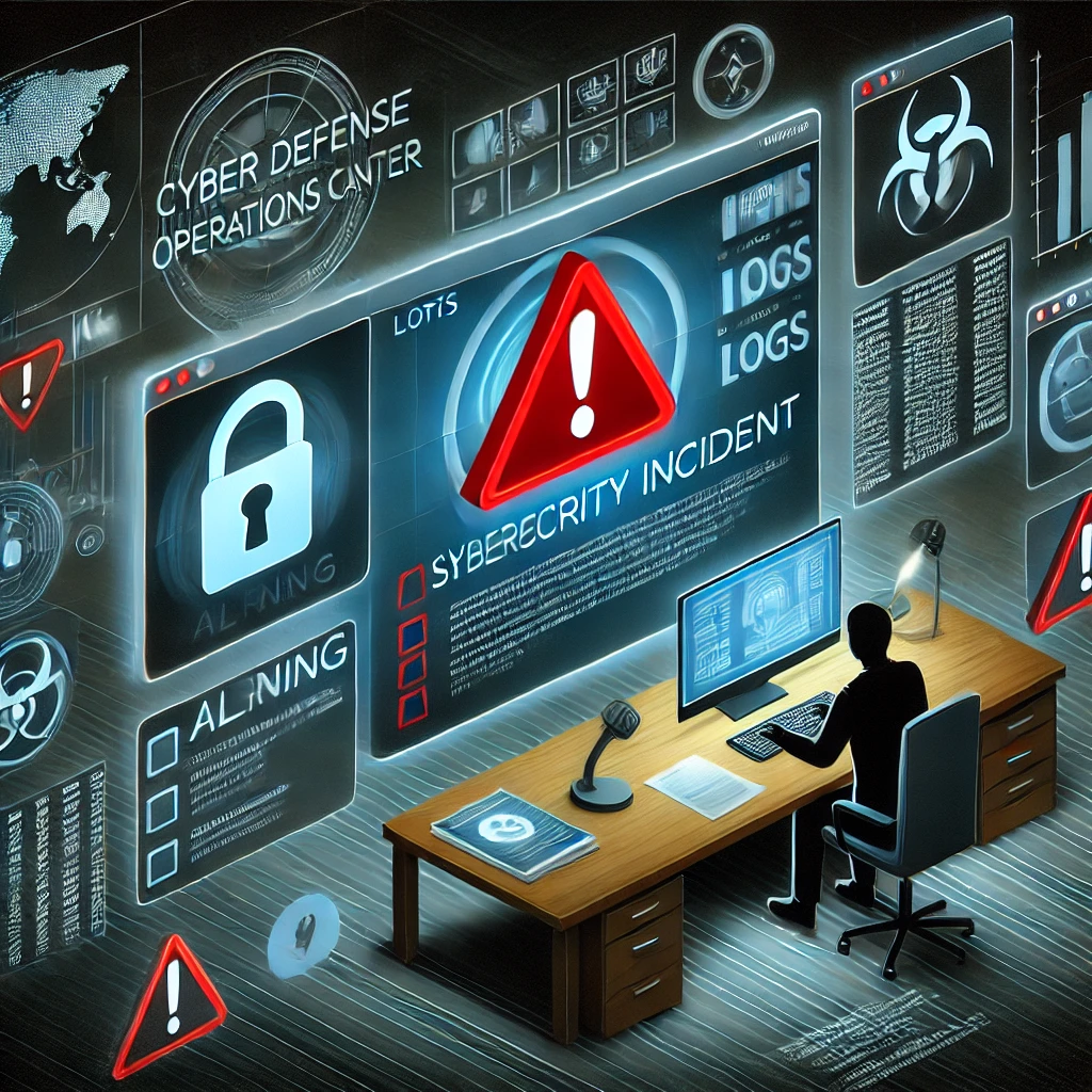 DALL·E 2025-04-07 15.15.33 - A digital illustration showing a cybersecurity incident being reported and analyzed. The image shows a large screen with warning alerts and logs, a re.webp